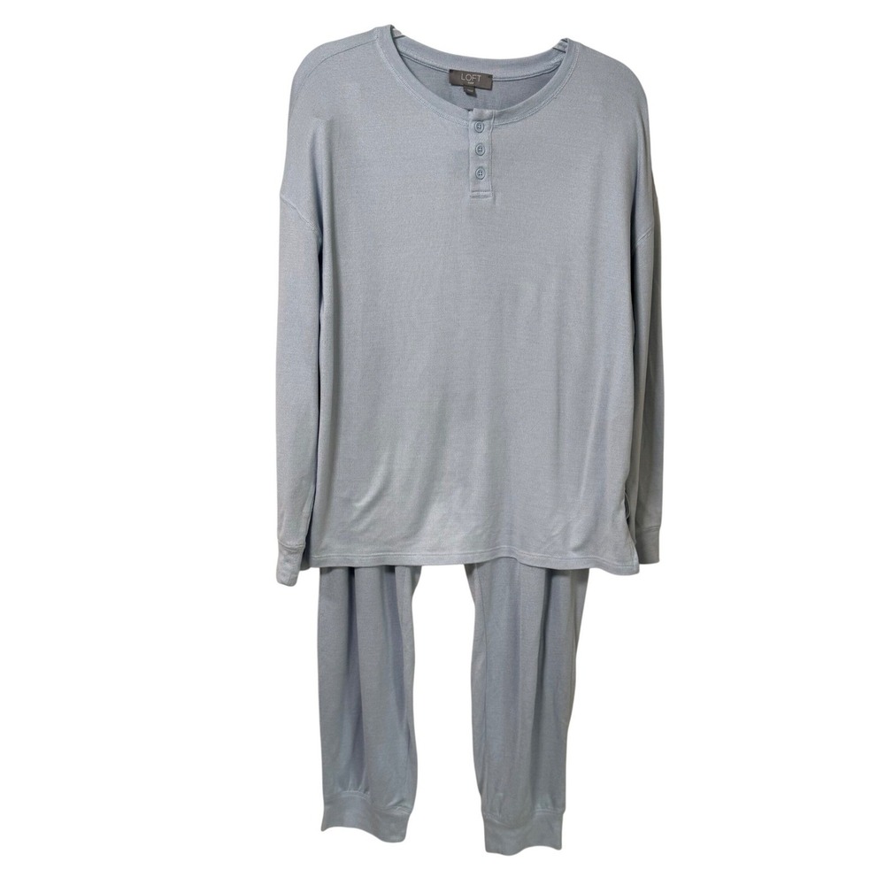Loft Henley Sleep Set Pajama Set Top and Joggers Blue Large Cozy Loungewear
